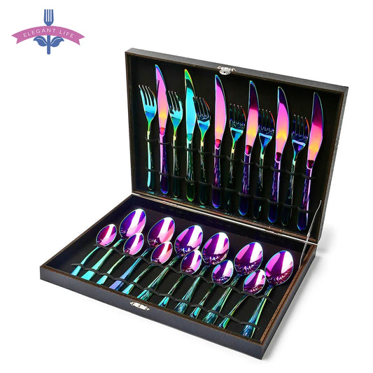 24PCS Tableware Flatware Set Non-fading Cutlery Sets 18/10 Stainless Steel Dinnerware Rainbow Dinner Kitchen Home Wood Gift Box