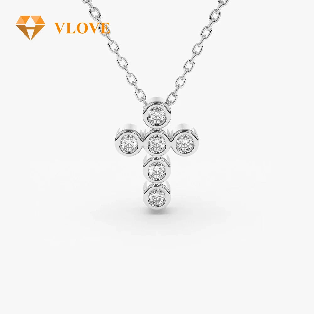 VLOVE Fine Luxury Jewelry Diamond Necklaces 14K Gold 6 Stone Bezel Setting Diamond Cross Necklace