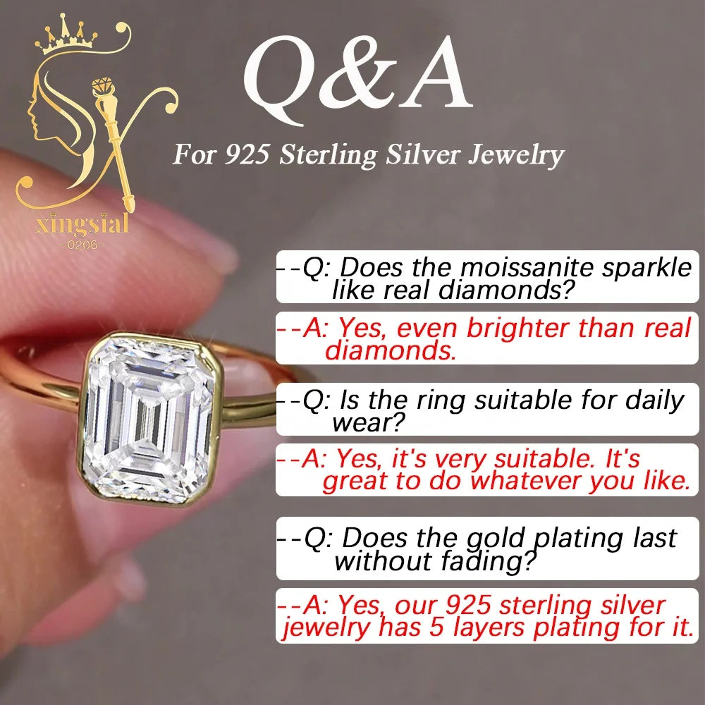 Gold ring with moissanite gemstone held by a hand, featuring Q&A text about 925 sterling silver jewelry.
