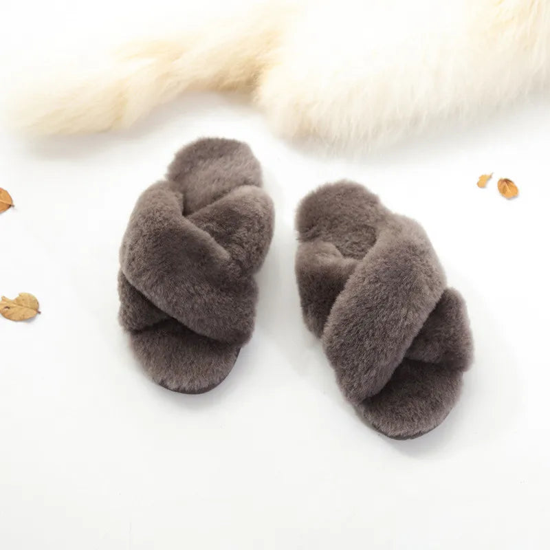 Plush Indoor Slippers Made of Real Wool - Natural Sheepskin Home Loungewear