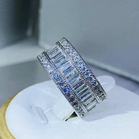 Simple Elegant 925 Sterling Silver Dazzling Rectangle CZ Zircon Crystal Ring Promise Wedding Engagement Rings for Women