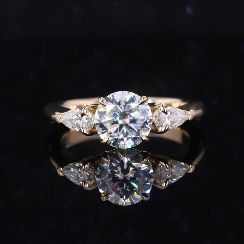 Starsgem Round Brilliant Cut and Pear Cut DEF Color VVS Moissanite 14K Gold Engagement Ring