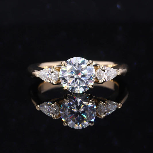 Starsgem Round Brilliant Cut and Pear Cut DEF Color VVS Moissanite 14K Gold Engagement Ring