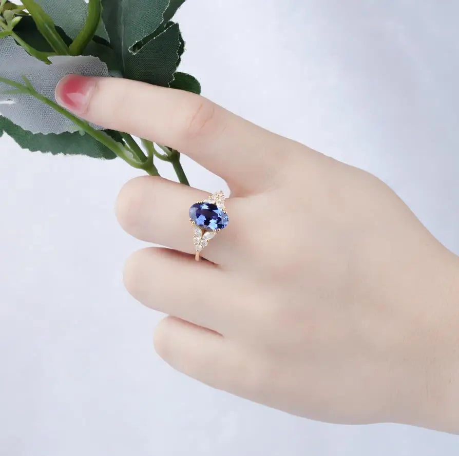 Lab Grown Gemstone Jewelry Inlay Blue Sapphire Stone 22/10k 18k 14k Gold Ring Diamond Yellow Gold for Wedding Party Appointment.