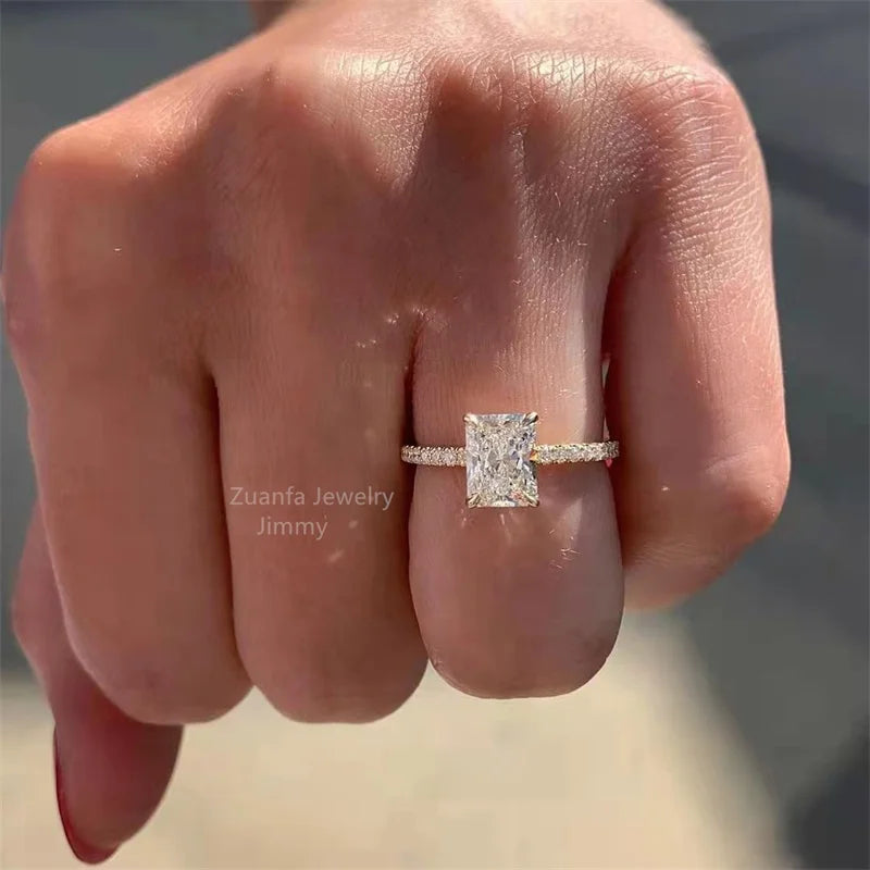 Custom 14k Gold Sparkle  Luxury Wedding Style VVS 3CT Gorgeous Brilliant Cut Radiant Moissanite Engagement Ring Women Bride