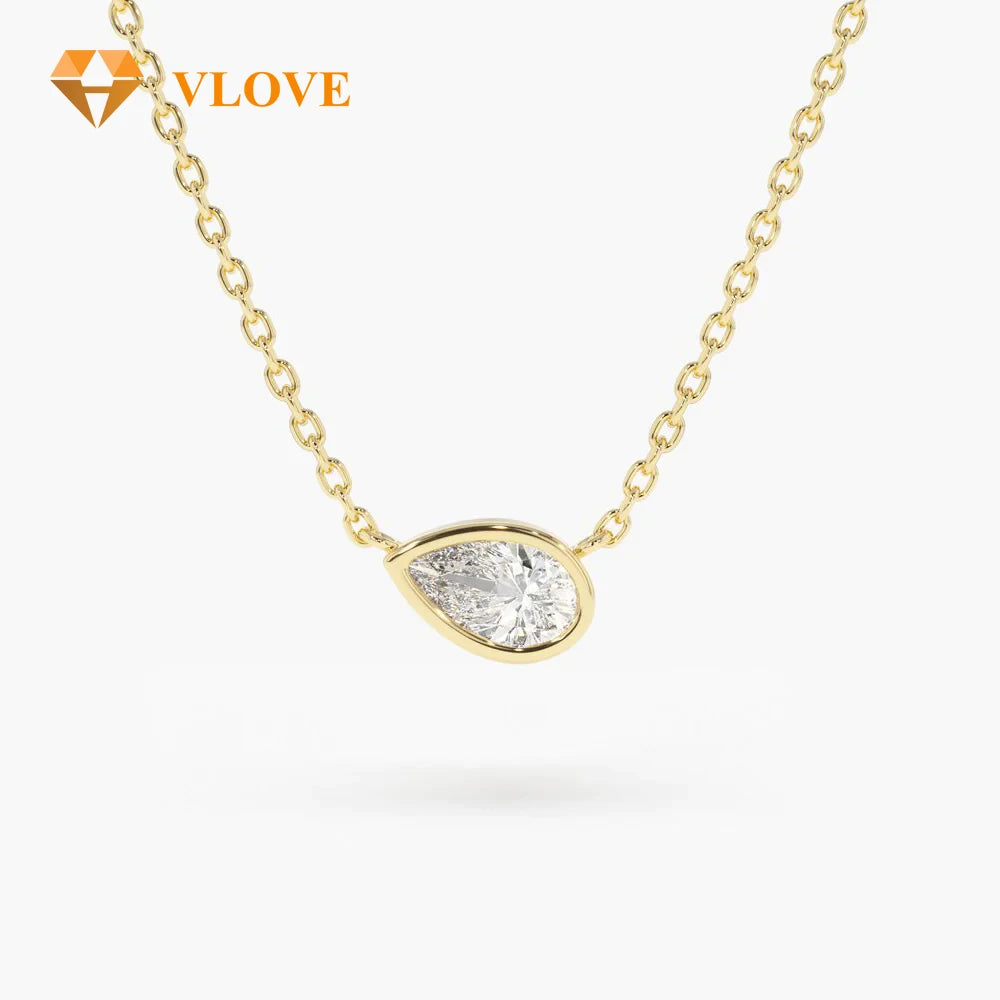 VLOVE Fine 14K Gold Jewelry Craftsmanship Pear Cut Gold Pendant 14K Horizontal Pear Shape Solitaire Diamond Necklace