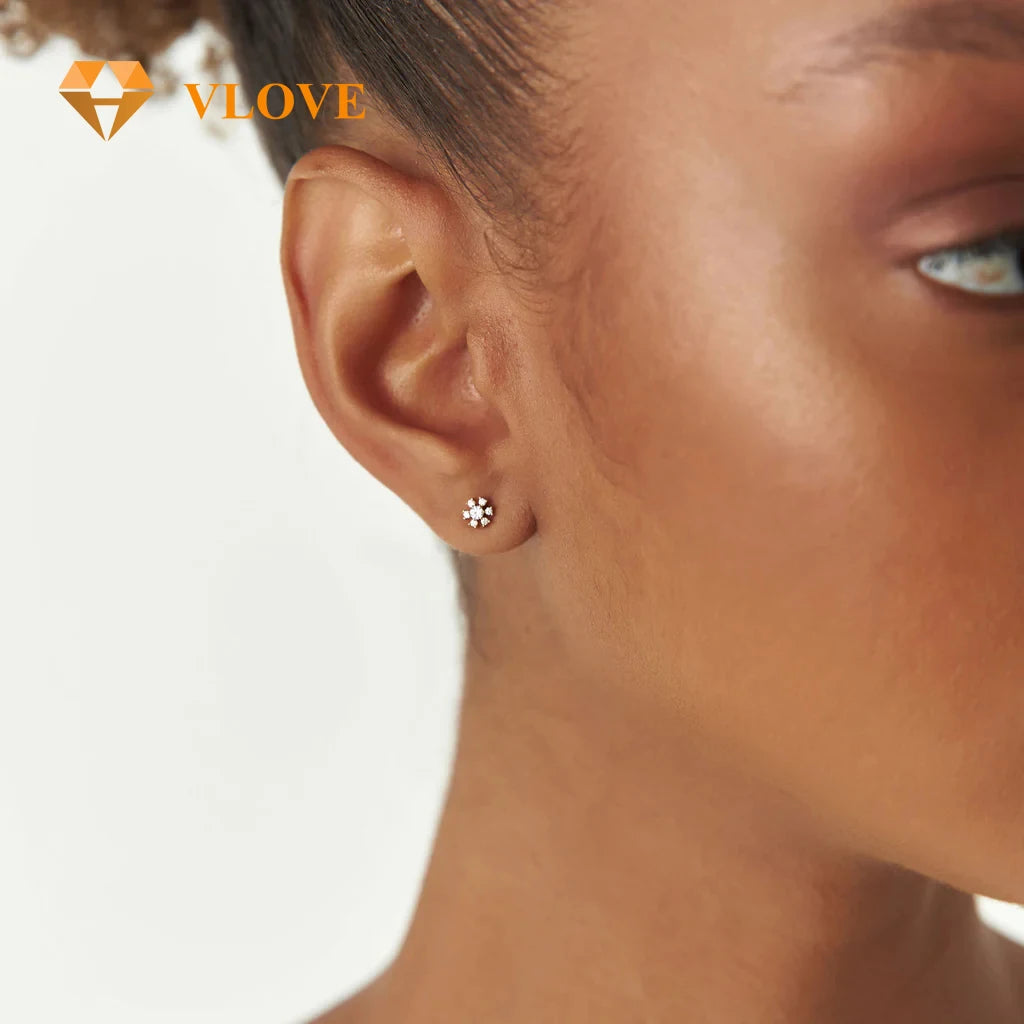 VLOVE High End Jewelry Manufacturer Artisan Petite 14K Gold Stud Earrings Flower Round Diamond Cut Earrings