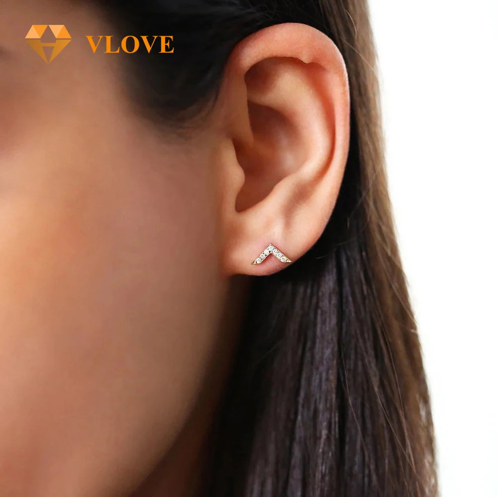 VLOVE Dainty Jewelry Manufacturing 14K Gold Diamond Chevron V Earring Small Stud Earrings for Women