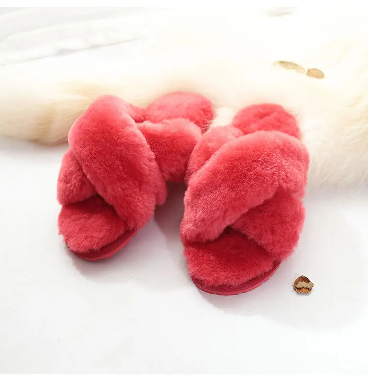 Plush Indoor Slippers Made of Real Wool - Natural Sheepskin Home Loungewear