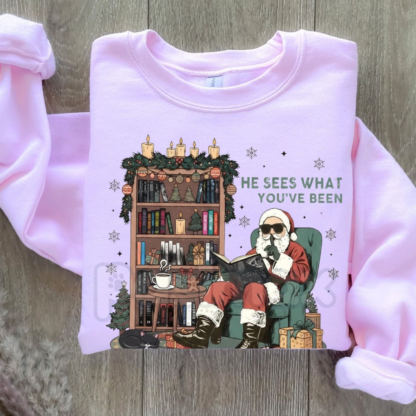 He Sees What You've Been Reading Shirt Sweatshirt | Funny Book Lover Holiday Jumper | Santa Surveillance Reading Gift