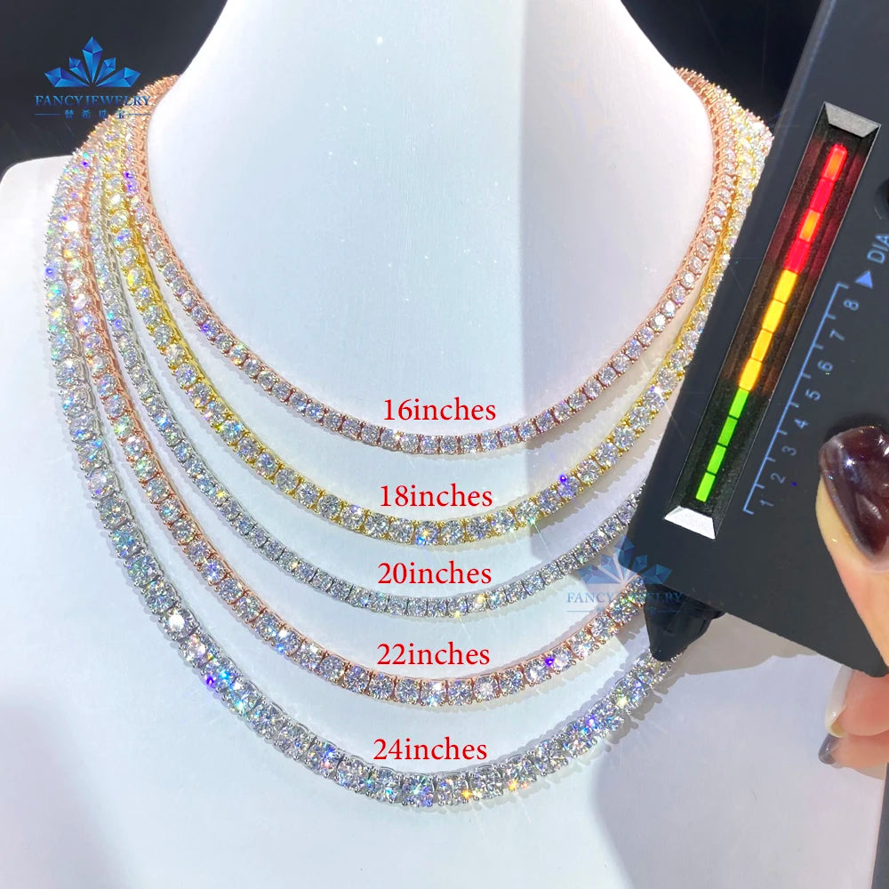 Wholesale Price Hip Hop Style 925 Sterling Silver Moissanite Tennis Chain VVS Diamond Necklace with 2mm 3mm 4mm 5mm 6.5mm Sizes