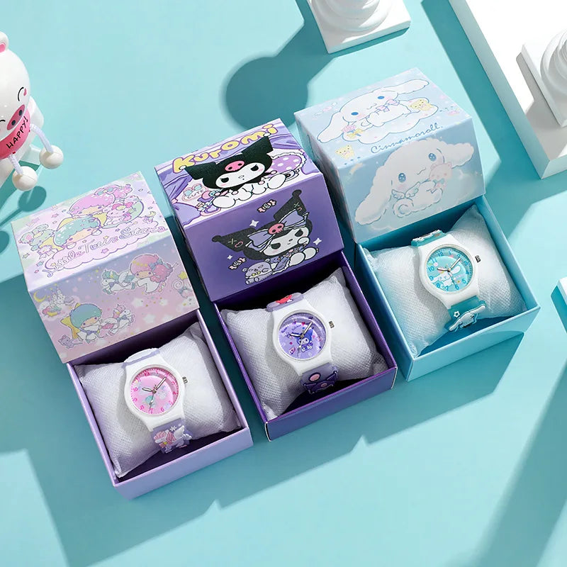 Three children's watches in colorful boxes on a light blue background