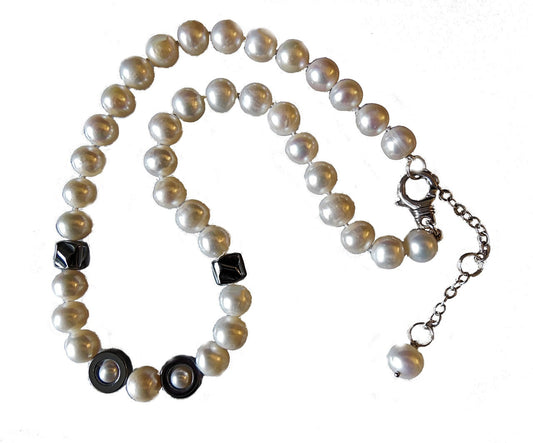 Hematite Circles and asymetric beads on white pearls-0