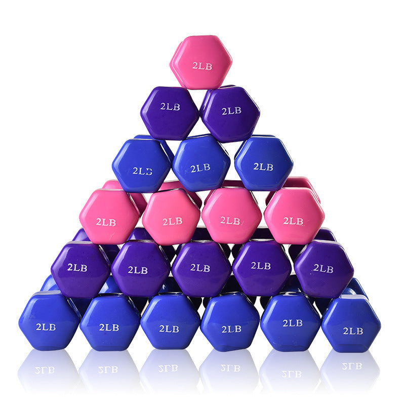 Pyramid of blue and pink dumbbells with '2LB' marking on a white background