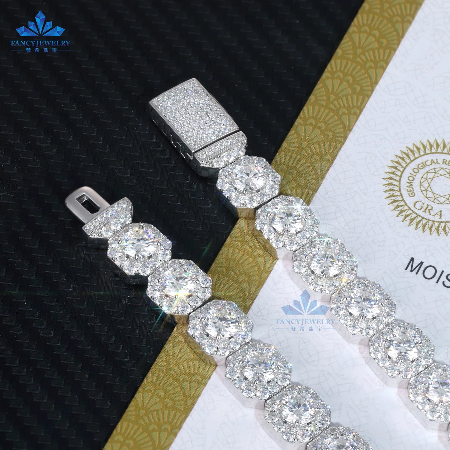 14K Gold Plated Moissanite Jewelry Hiphop Style Iced Out 11mm Square Cluster Tennis Moissanites Bracelet Silver 925