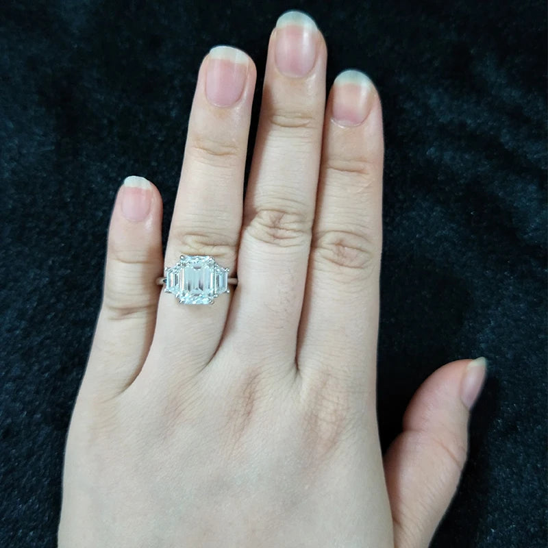 Starsgem Octagon Shape Emerald Cut 3 Stones DEF Moissanite Engagement Solid 14k Gold Wedding Rings