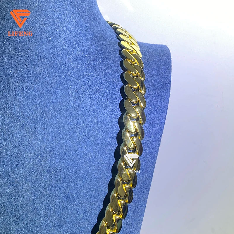 Lifeng Jewelry Luxury Style 14k Gold Plated Cuban Link Chain 14mm Hiphop Men 925 Sterling Silver Smooth Cuban Chain Necklace