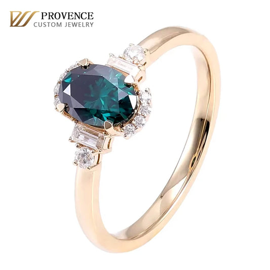 Hot Selling Products Vintage Unique 14k Gold Green Color Oval  VVS Moissanite Ring Solitaire Rings Gold Gemstone Rings  Women