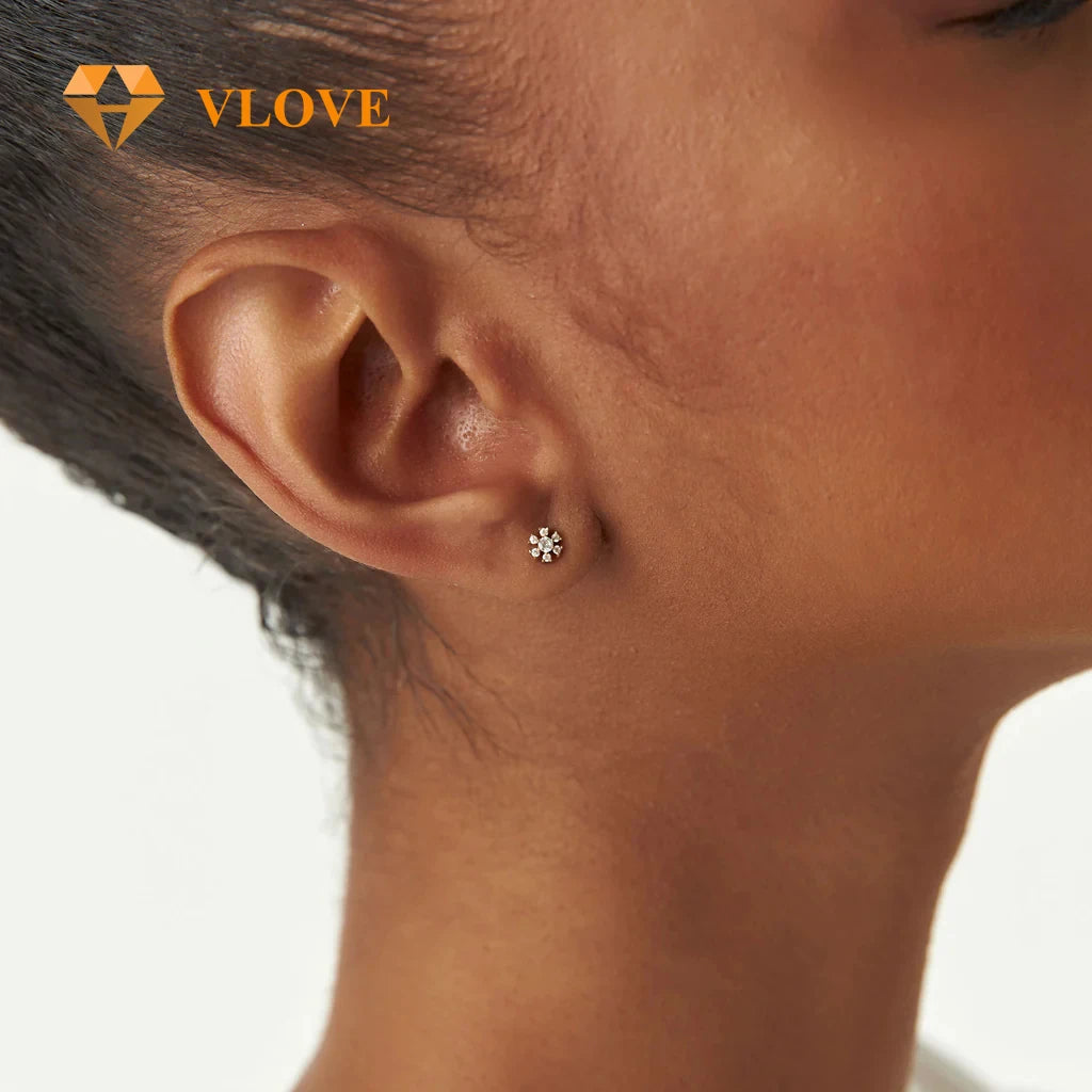 VLOVE High End Jewelry Manufacturer Artisan Petite 14K Gold Stud Earrings Flower Round Diamond Cut Earrings