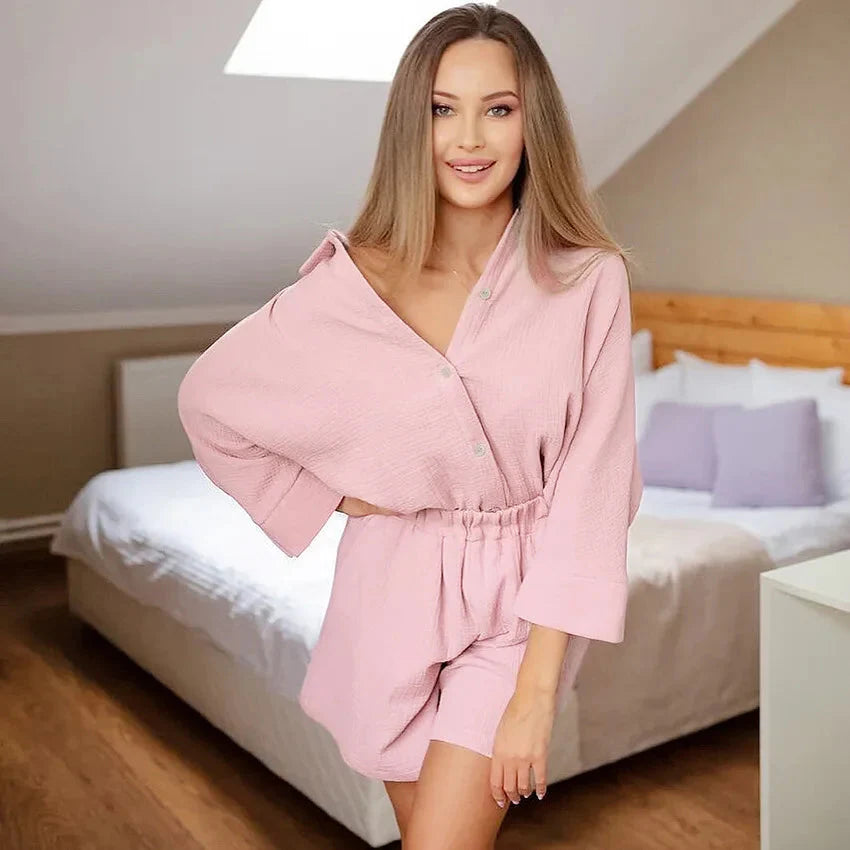 Women's Cotton Pajama Set Casual Collar Sleepwear Suit