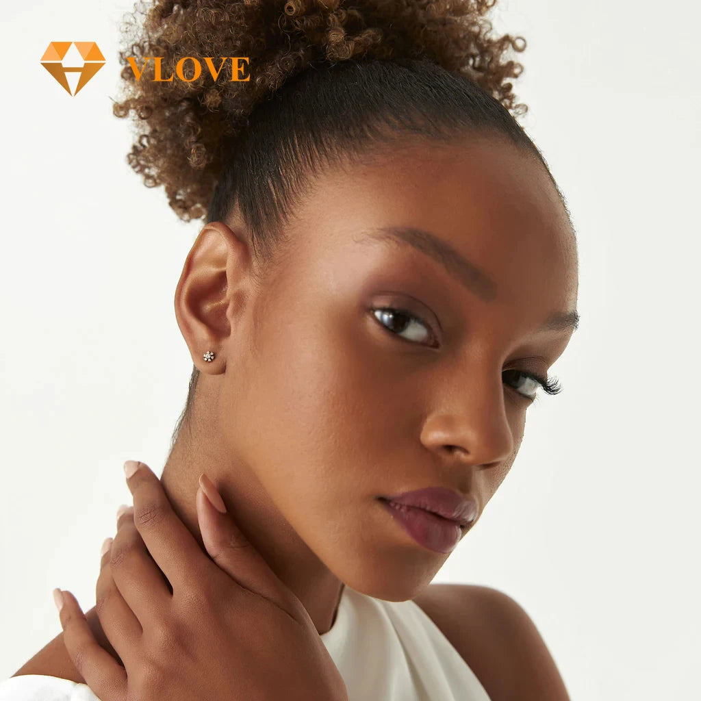 VLOVE High End Jewelry Manufacturer Artisan Petite 14K Gold Stud Earrings Flower Round Diamond Cut Earrings