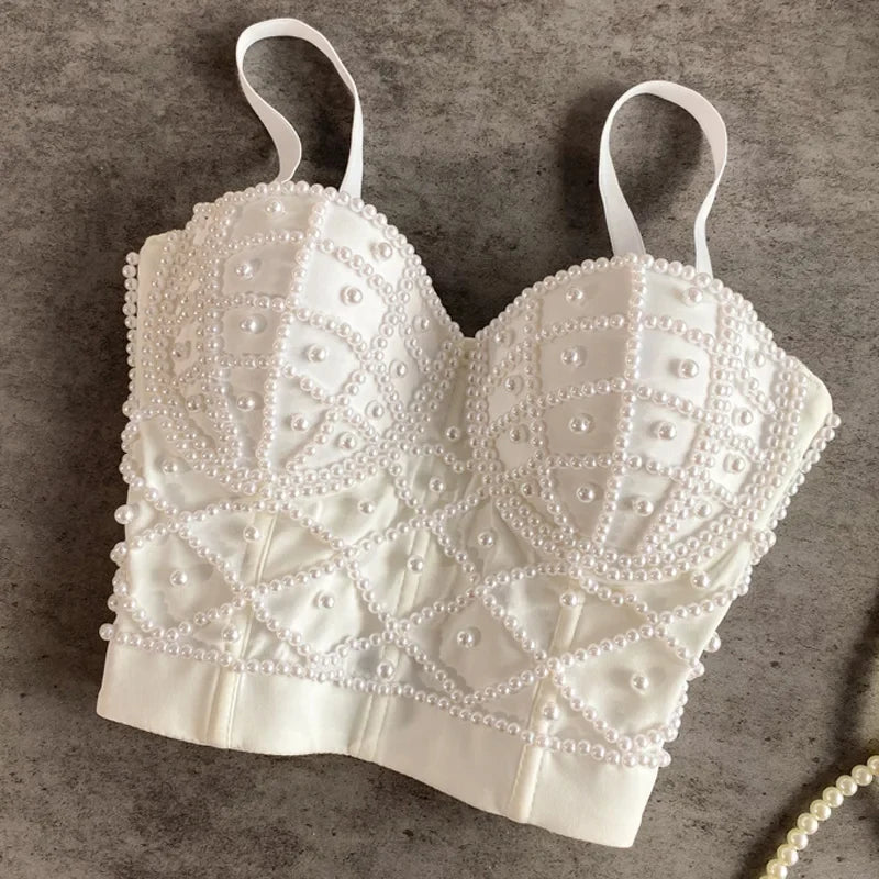 Full Beads Female Corset Top Women Camis Nightclub Pearls Short Chest Binder Sexy Camisole Mujer Lingerie Tube Bra Debardeur