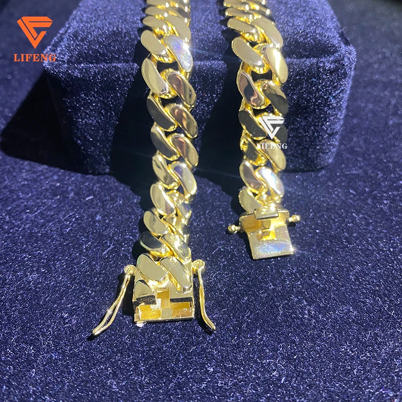 Lifeng Jewelry Luxury Style 14k Gold Plated Cuban Link Chain 14mm Hiphop Men 925 Sterling Silver Smooth Cuban Chain Necklace