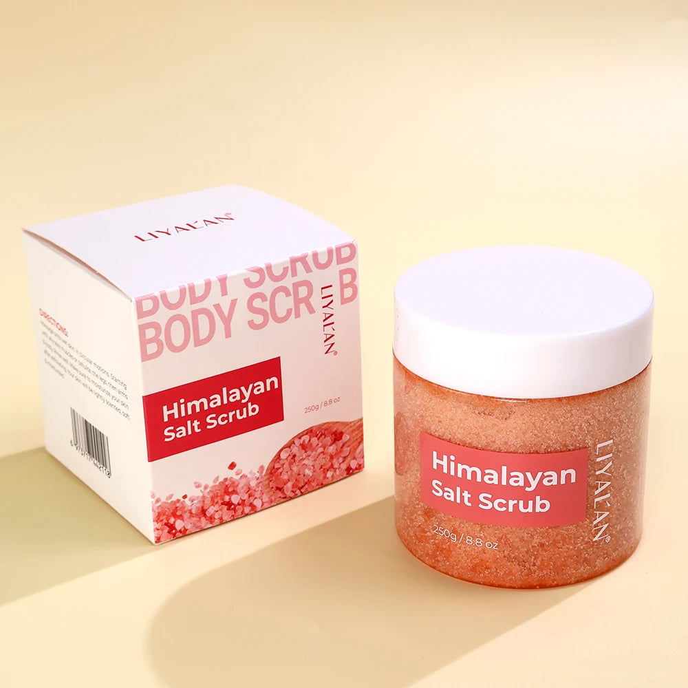 Himalayan Salt Scrub container and packaging on a beige background
