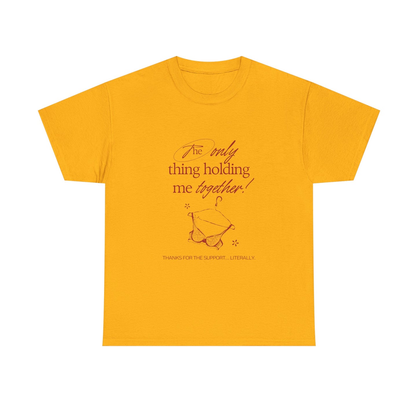 Yellow t-shirt with text and graphic on a white background. "Holding It Together" Unisex Heavy Cotton Tee: Funny Gift for Friends, Family, Self-Care, Casual Wear, Humor Shirts, Gift for Her