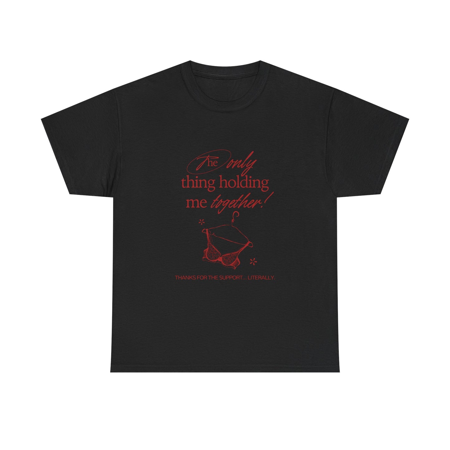 Black t-shirt with red graphic and text on a white background. "Holding It Together" Unisex Heavy Cotton Tee: Funny Gift for Friends, Family, Self-Care, Casual Wear, Humor Shirts, Gift for Her