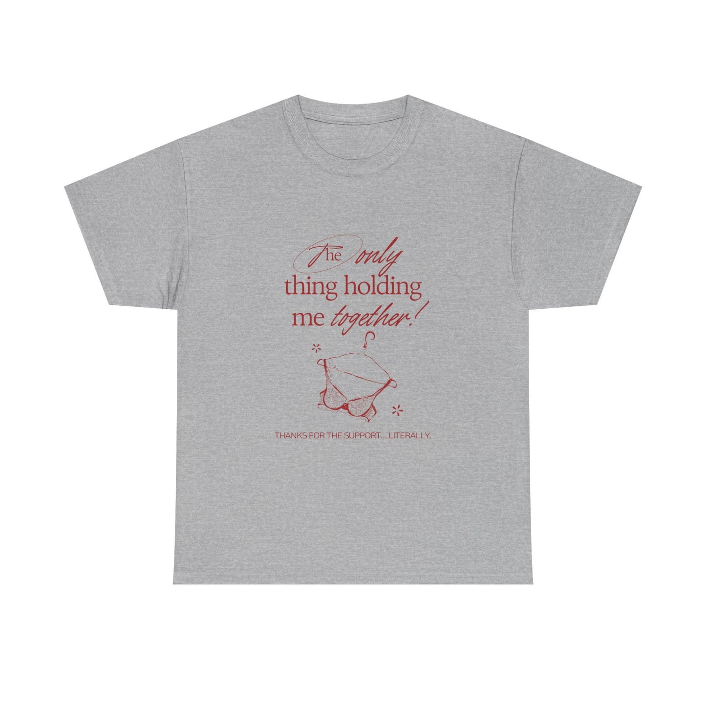 Gray t-shirt with red text and graphic on a white background. "Holding It Together" Unisex Heavy Cotton Tee: Funny Gift for Friends, Family, Self-Care, Casual Wear, Humor Shirts, Gift for Her