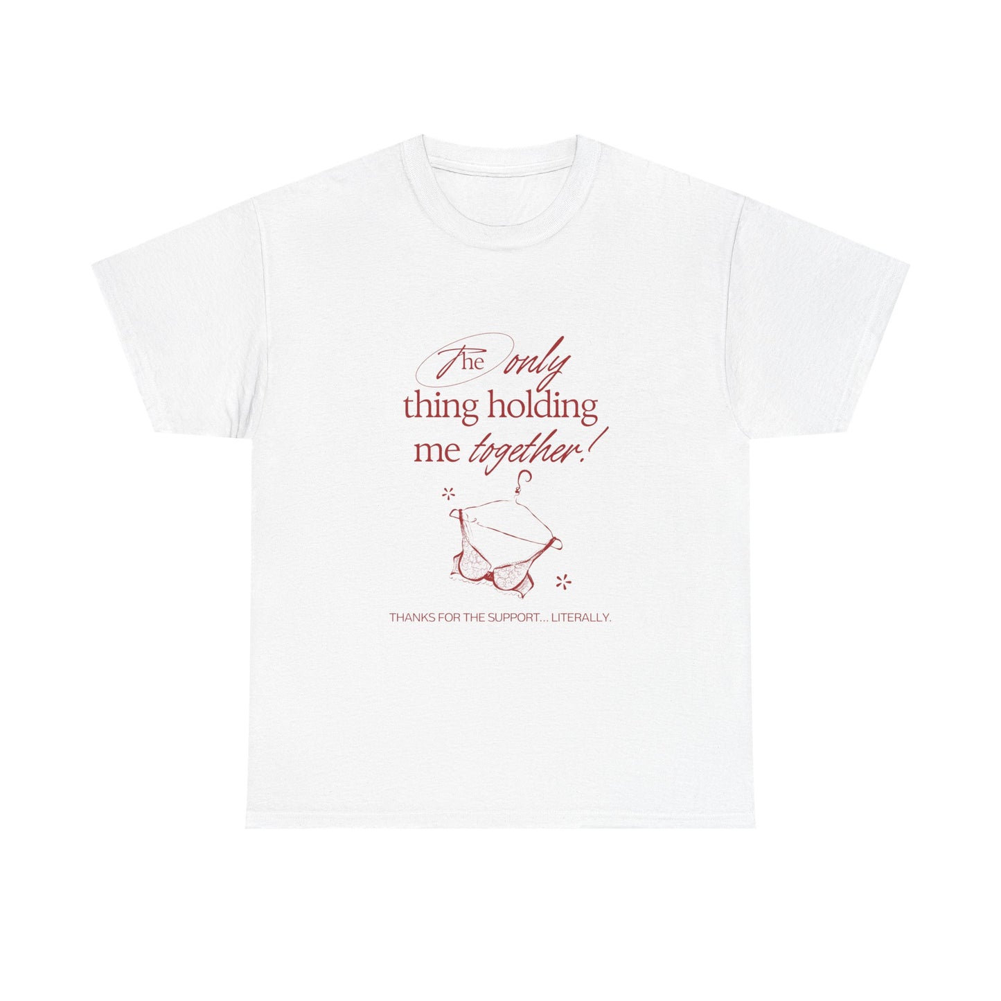 White t-shirt with red text and graphic on a white background. "Holding It Together" Unisex Heavy Cotton Tee: Funny Gift for Friends, Family, Self-Care, Casual Wear, Humor Shirts, Gift for Her