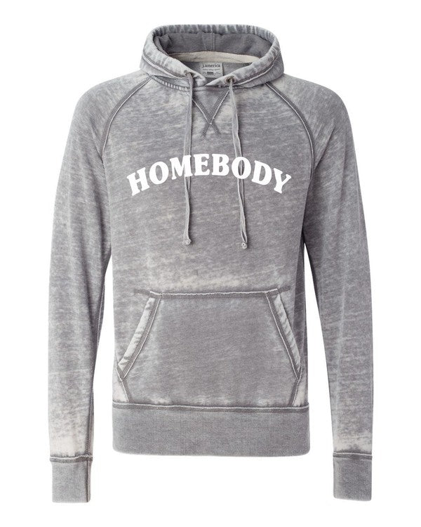 Gray acid-wash Homebody vintage hoodie with white graphic text, raglan sleeves, drawstring hood, V-notch neckline, and front kangaroo pocket.