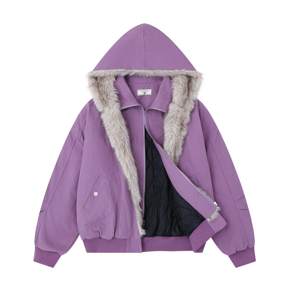 Purple jacket with fur-lined hood on a white background. Hooded Cotton Jacket for men.