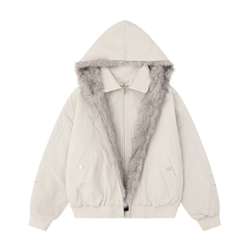 Cream-colored men's hooded cotton blend winter jacket with soft faux fur trim, full zip front, loose fit, insulated casual streetwear coat.