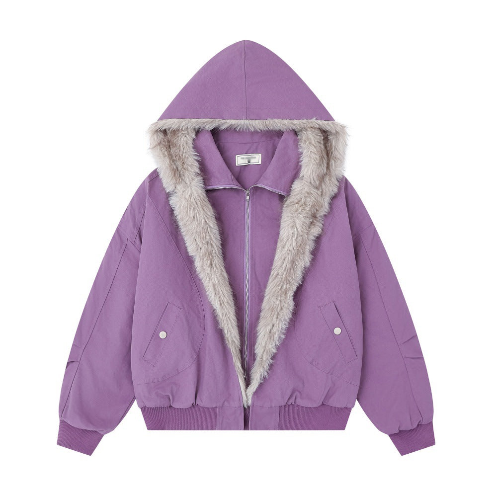 Purple hooded cotton blend men's winter jacket with soft faux fur lining, full zip front, loose fit, insulated casual streetwear coat for cold weather.