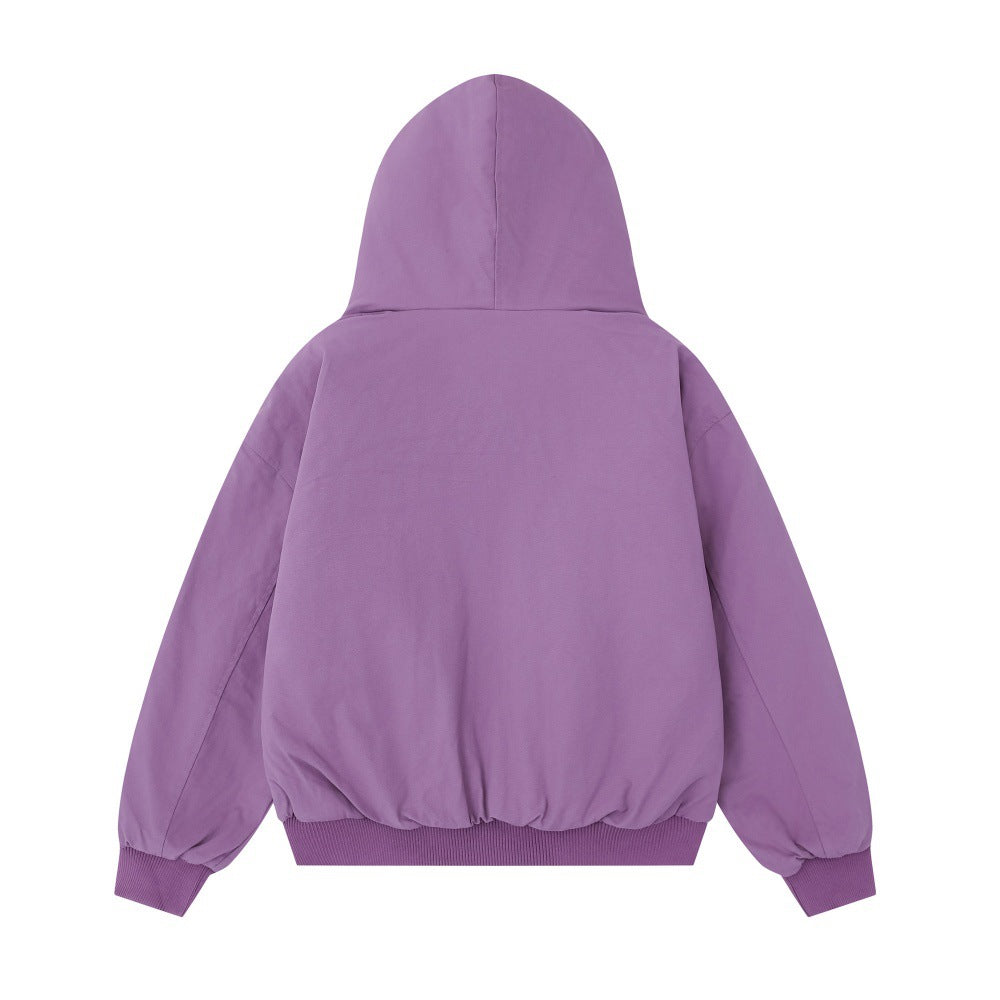 Purple hooded cotton blend winter jacket for men, back view, insulated loose fit full zip casual streetwear coat with ribbed cuffs and hem.