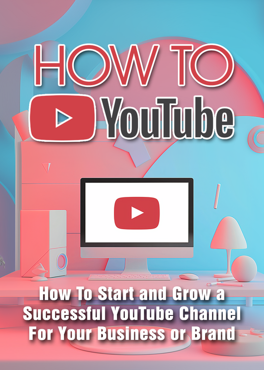 Book cover with a computer monitor displaying the YouTube logo, surrounded by geometric shapes and text about starting and growing a YouTube channel. How To YouTube! (eBook) learn How to start a youtube channel