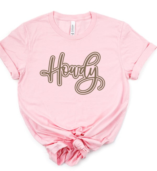 Howdy Graphic T-Shirt white pink peach cream Howdy letter tee pink with green brown letters that read "Howdy"
