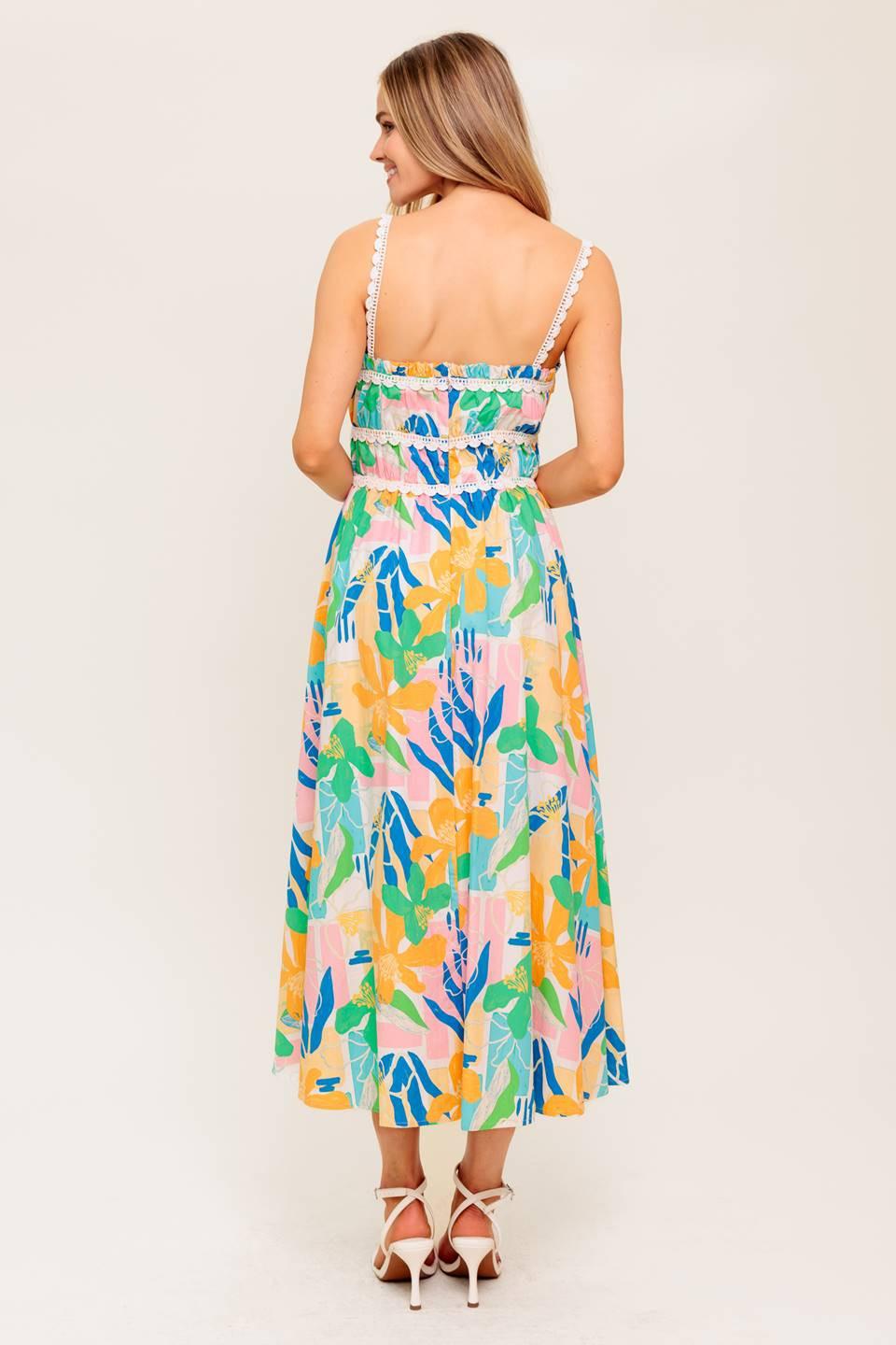 SUNLIT GARDEN PINK BLUE WOVEN MIDI DRESS
