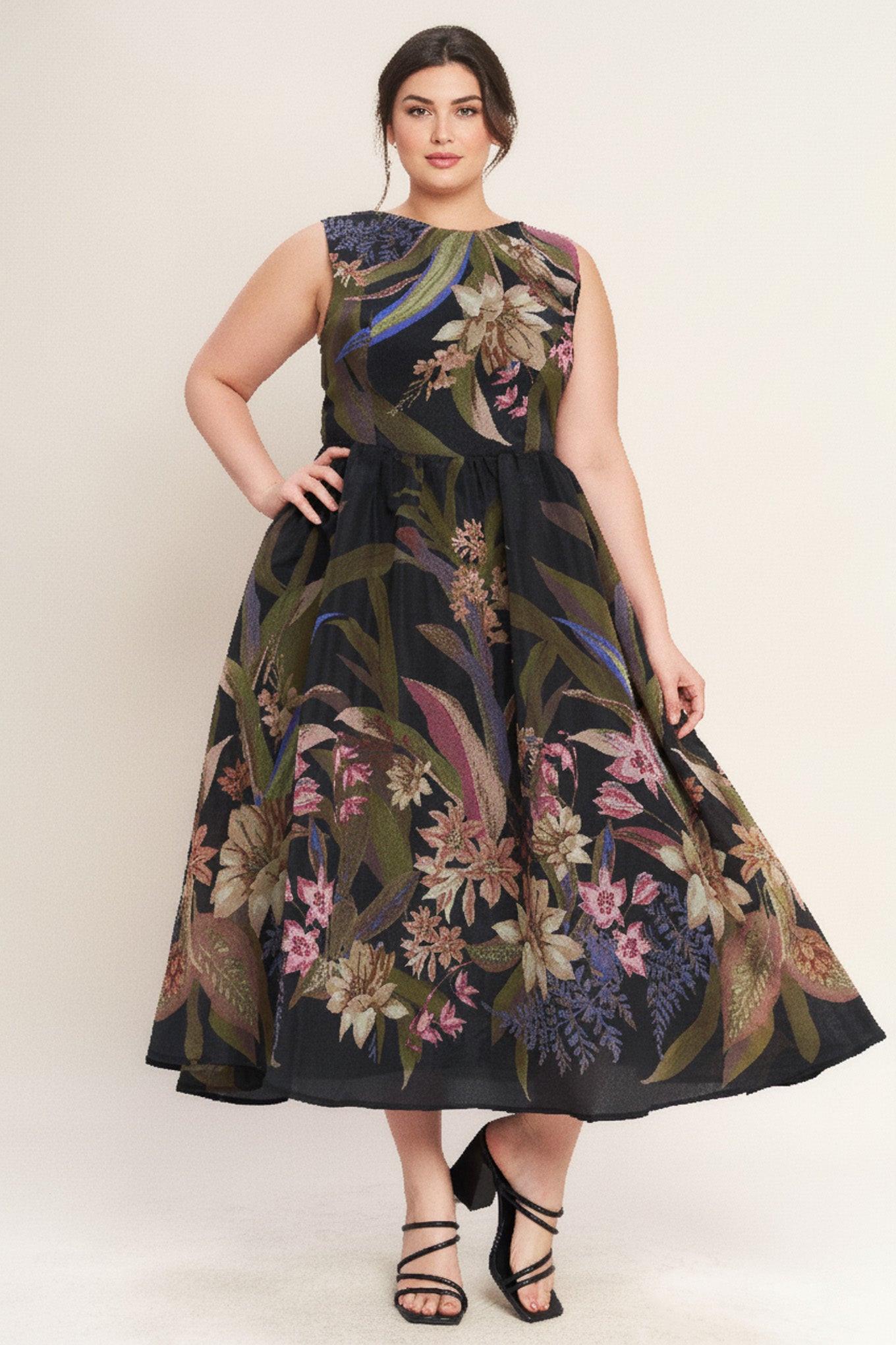 FOLIAGE WHISPER WOVEN MIDI DRESS