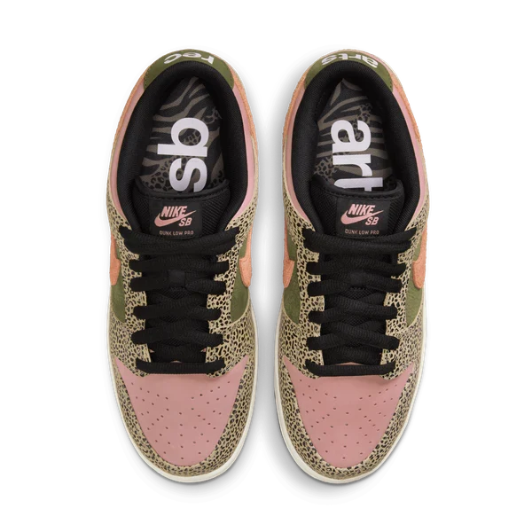 A pair of Nike SB Dunk Low 2050 sneakers shown from a top-down view on a white background. The shoes feature a pink leather toe box, olive green and black leopard-print overlays, black laces, and a white midsole.