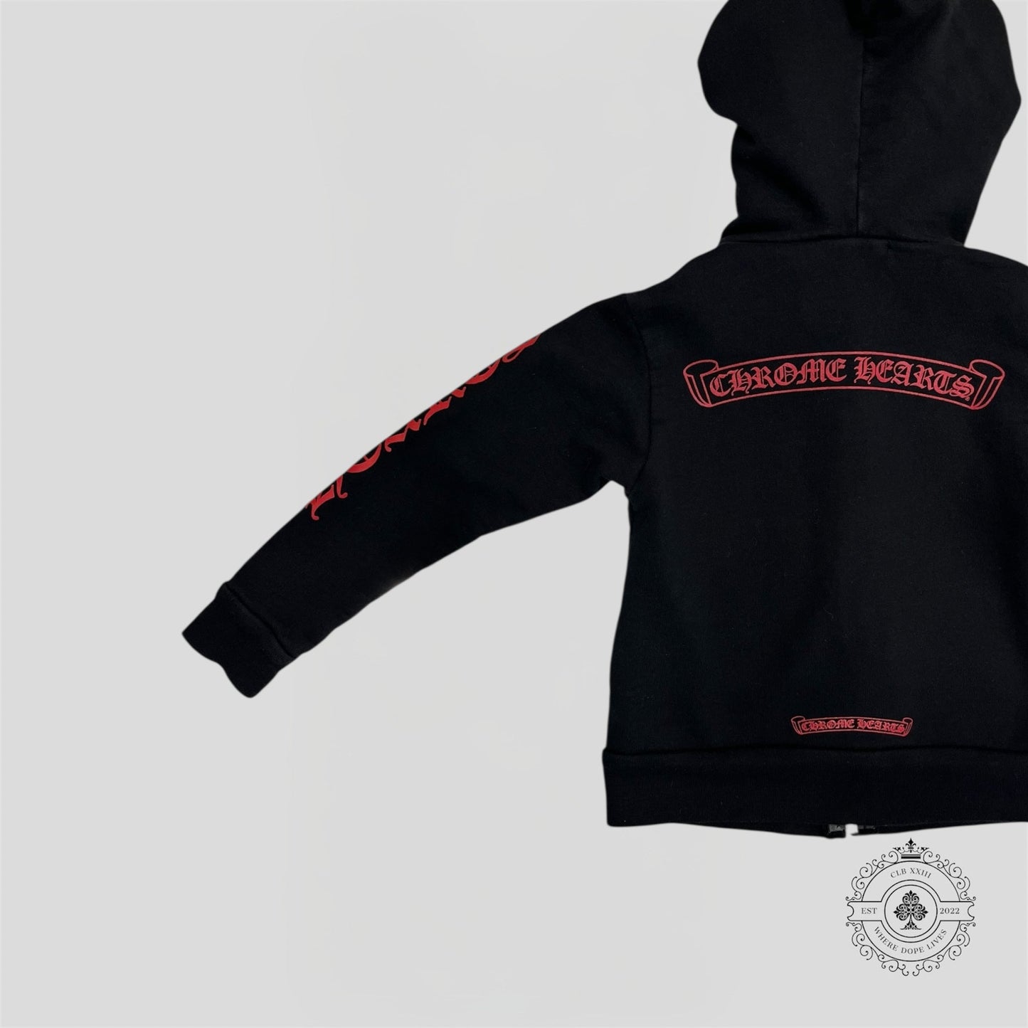 Chrome Hearts Scroll Logo Zip Up Kids Hoodie in Black/Red