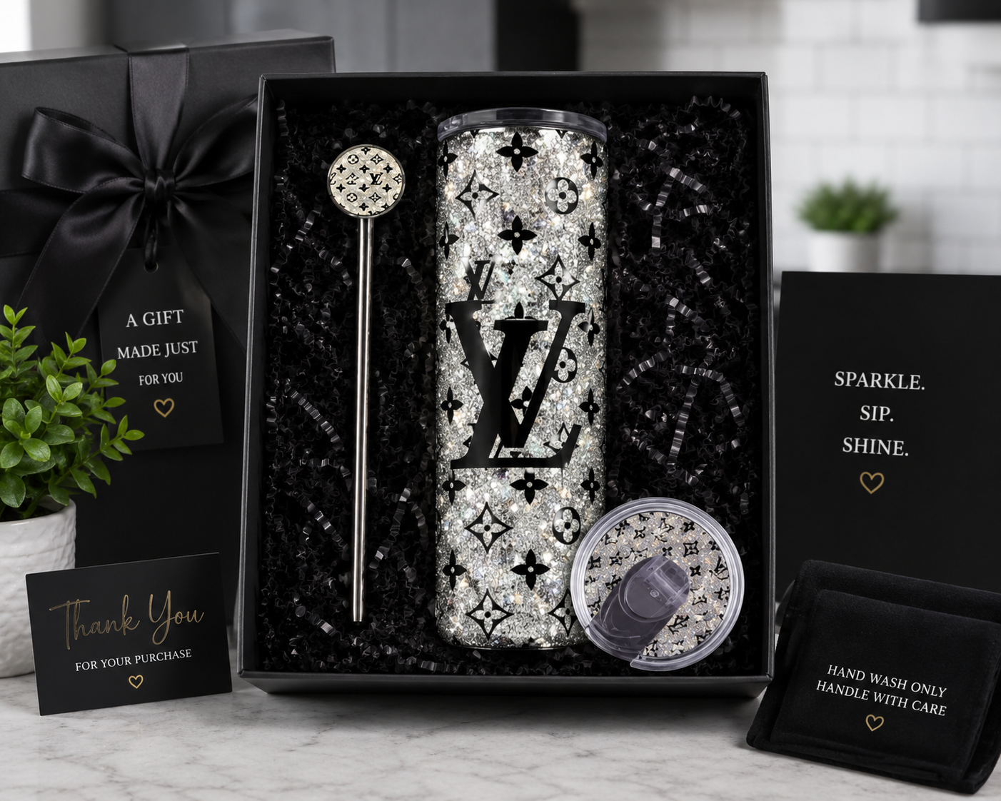 Silver Shimmery Tumbler with Matching Lid - Luxe Bundle