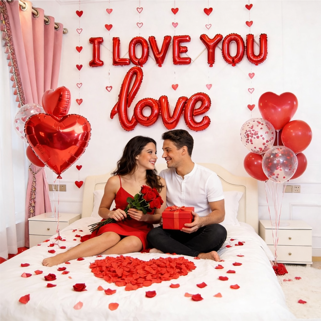 1100 PCS Valentine's Day Balloons Kit with XOXO, Red Heart and I Love You Balloons, 1000 Silk Rose Petals, 50 Heart Hangers for Valentines Decorations Anniversary, Proposal, Romantic Wedding Party