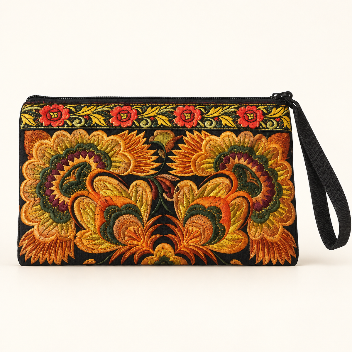 A black wristlet clutch with intricate, colorful floral embroidery in orange, yellow, green, and red, featuring a black wrist strap and a top zipper closure.