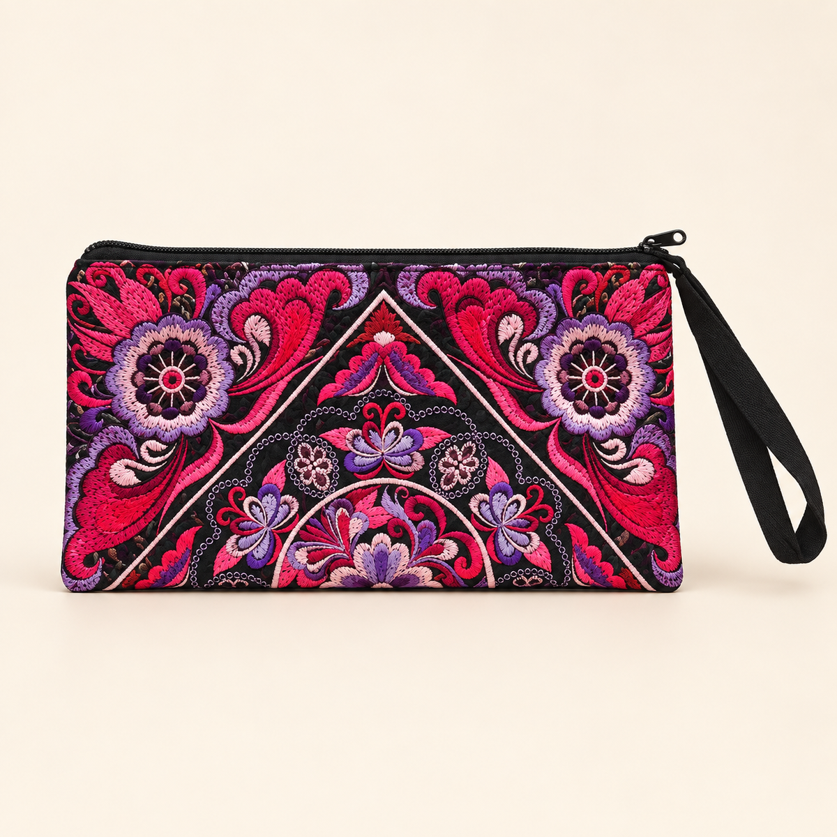 A rectangular zippered clutch or wristlet pouch with an intricate, vibrant embroidered floral and paisley pattern in pink, purple, red, and black, featuring a black wrist strap on a light beige background.