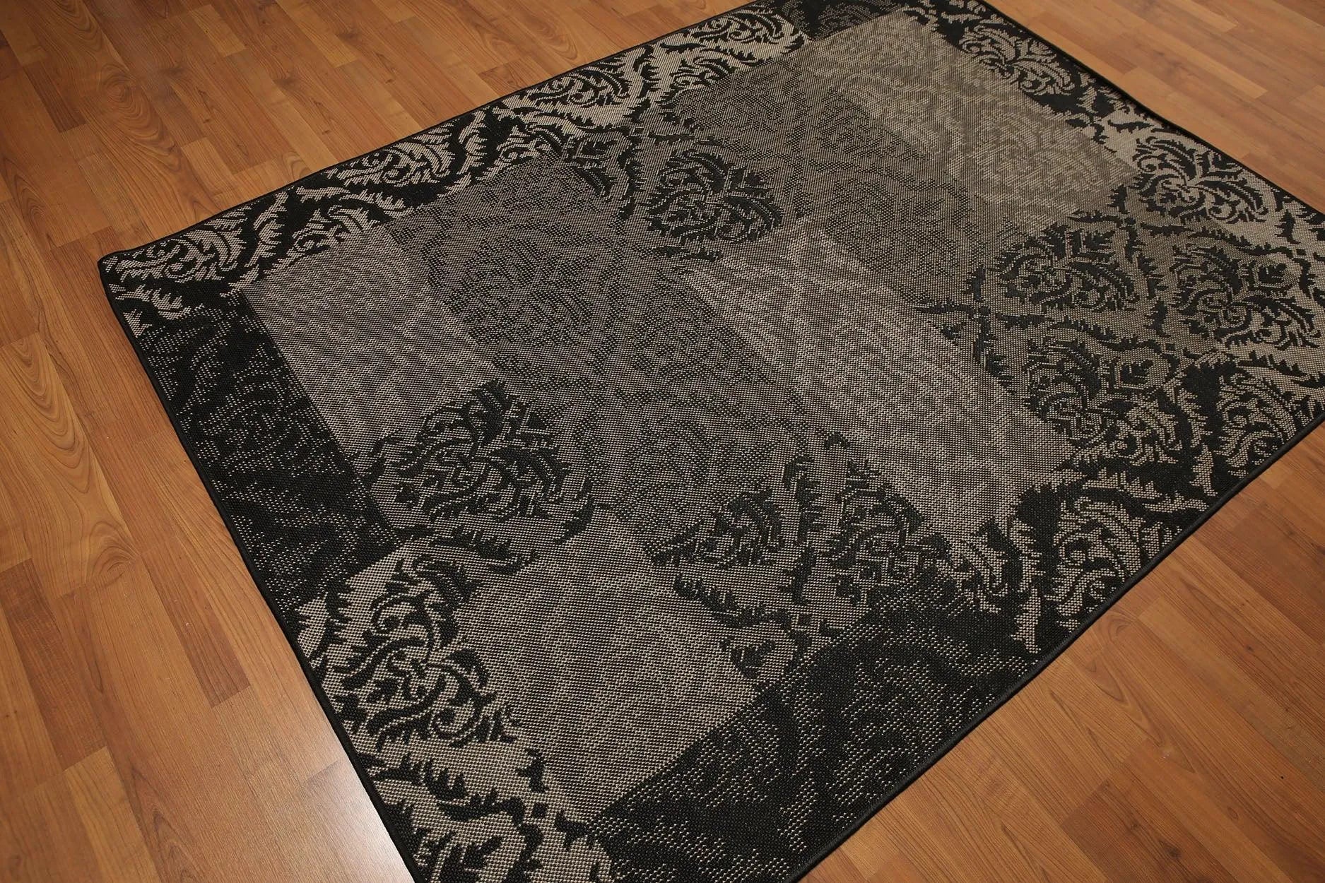 5'x7' Black, Gray, Multi Color Machine Made Polypropylene Indoor Outdoor Turkish Dhurry Rug-1