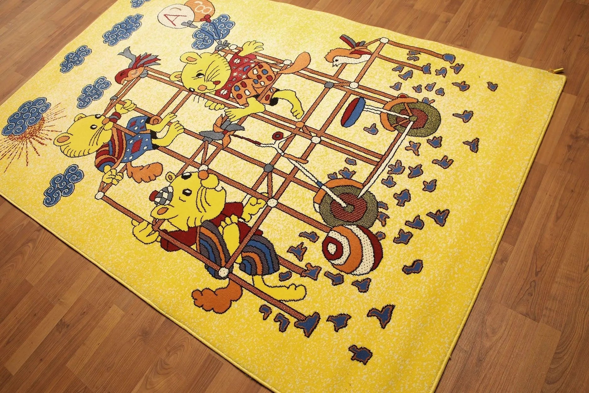 5'x7' Mustard Yellow, Blue, Red, Multi Color Indonesian High Density Hand Carved Effect Children Rug-0