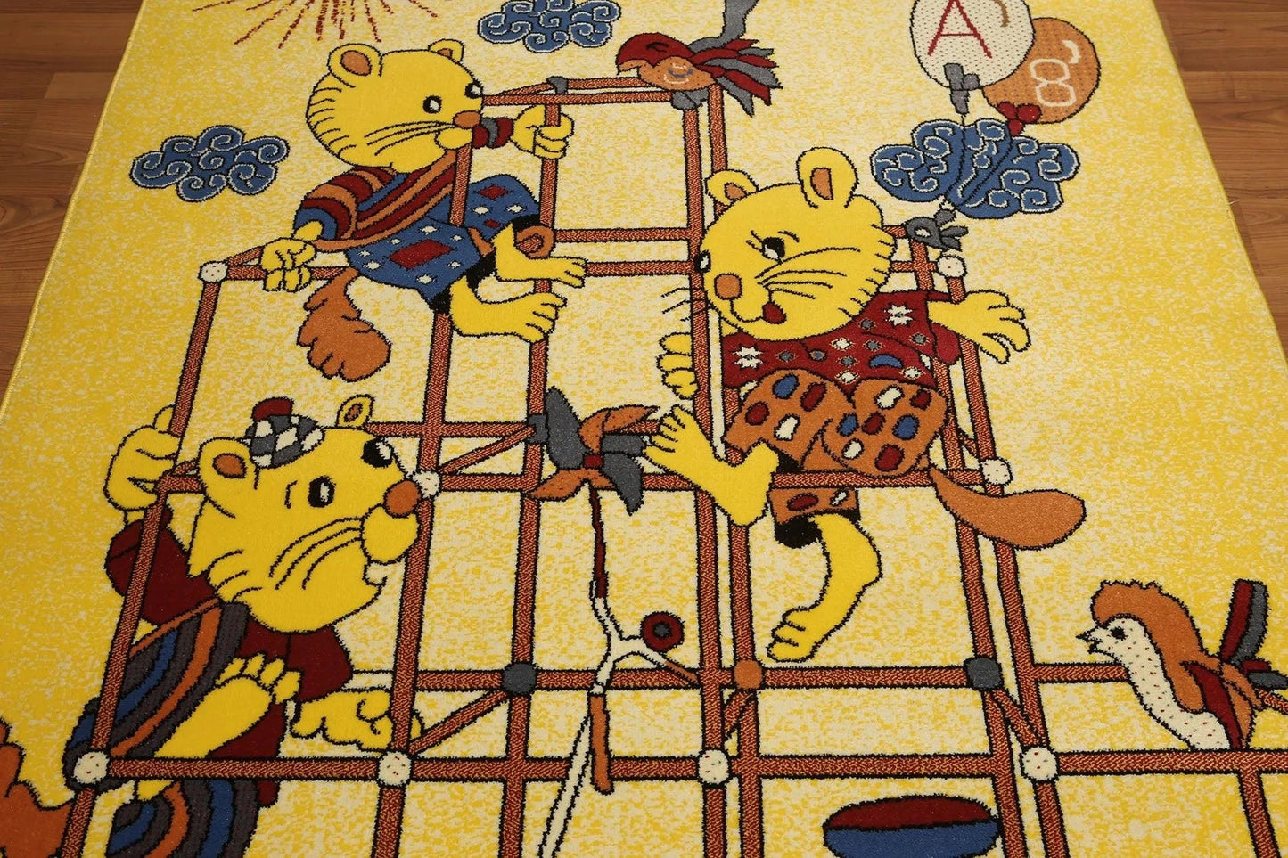 5'x7' Mustard Yellow, Blue, Red, Multi Color Indonesian High Density Hand Carved Effect Children Rug-1